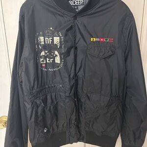 Vintage 10.Deep Black Bomber Jacket with Graphic Accents
